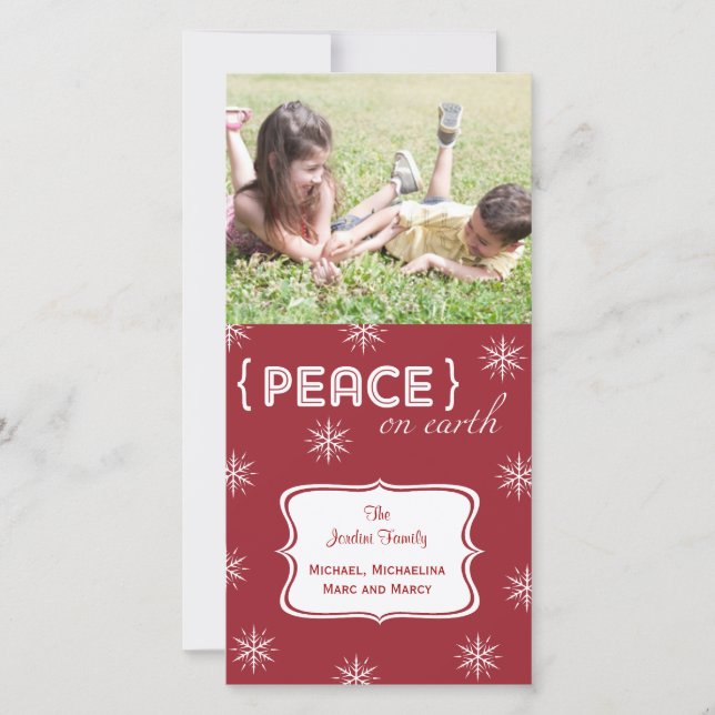 Red Background Peace On Earth Photo Holiday Card (Front)