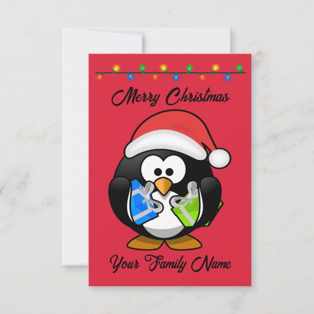 Red Background penguin holding Christmas presents Card (Front)