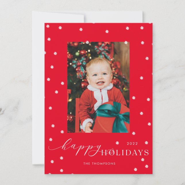 Red Background Pompom Polka Dot Photo Holiday Card (Front)