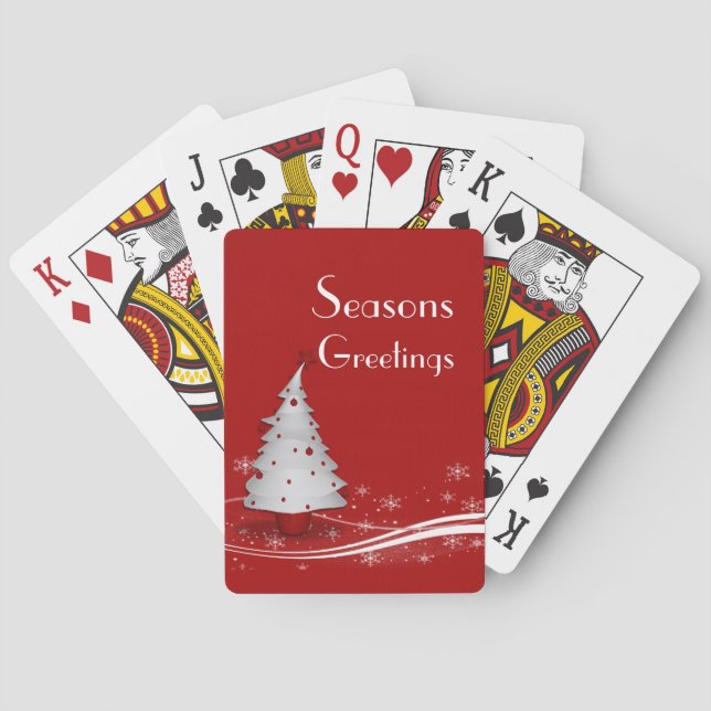 Red Background & White Christmas Tree Poker Cards (Back)