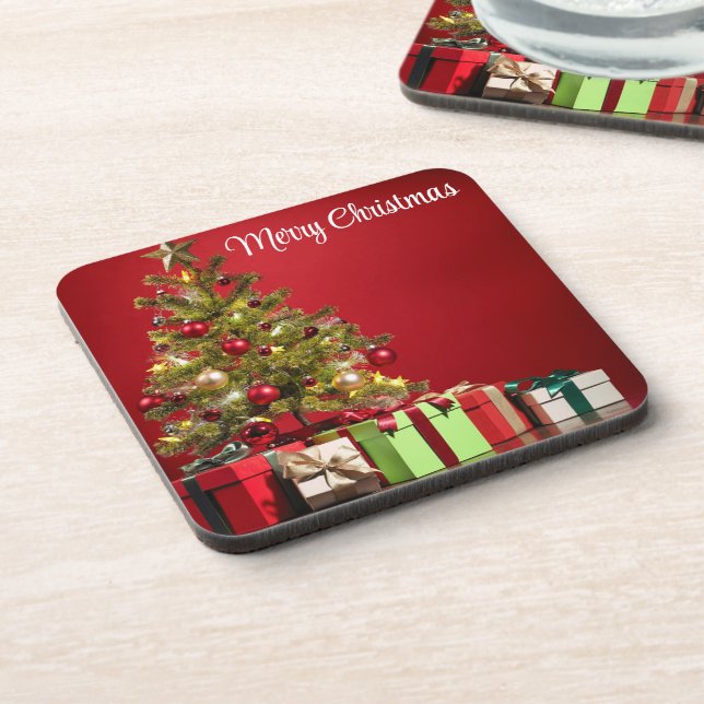 Red Background With Decorative Christmas Tree Beverage Coaster (Left Side)