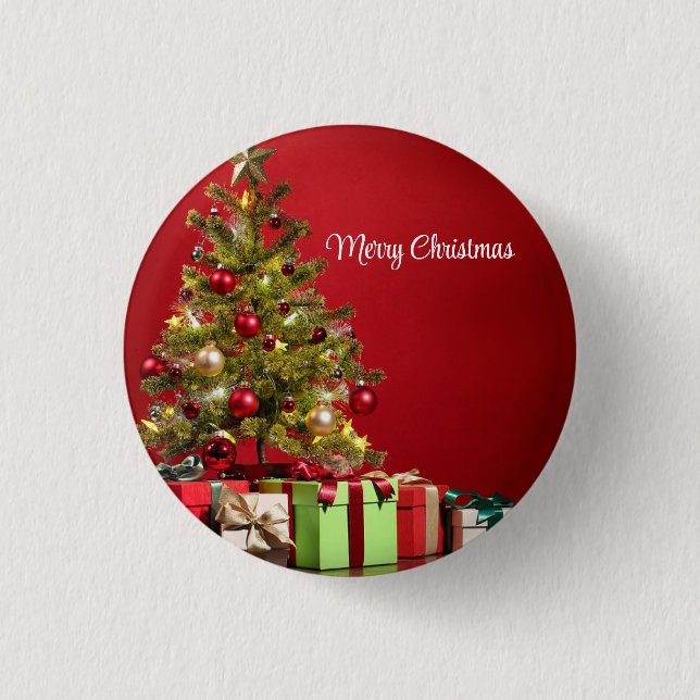Red Background With Decorative Christmas Tree  Button (Front)