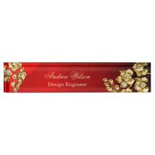 Red background with gold roses personalized desk name plate