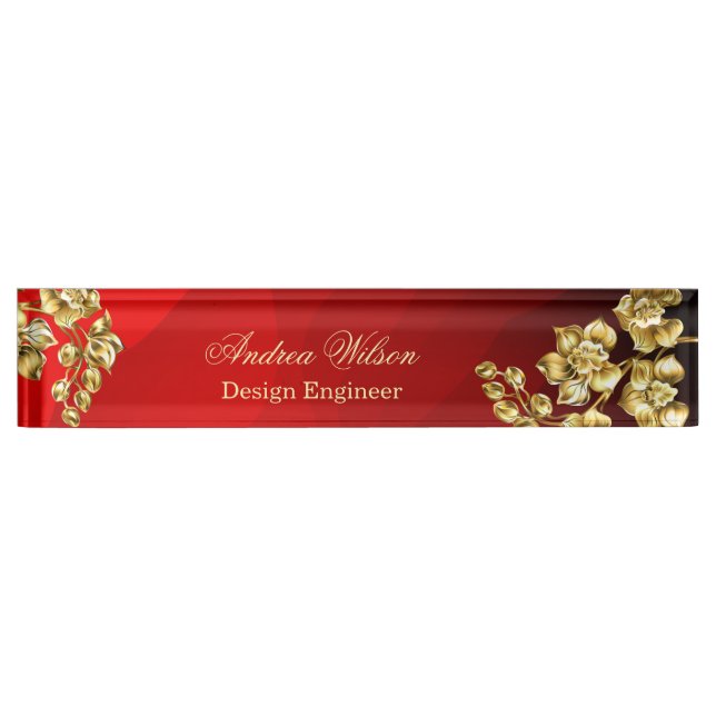 Red background with gold roses personalized desk name plate (Front)