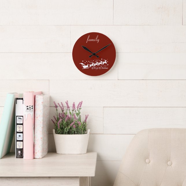 Red Background with Santa Claus and Reindeer Round Clock (Reading Room)