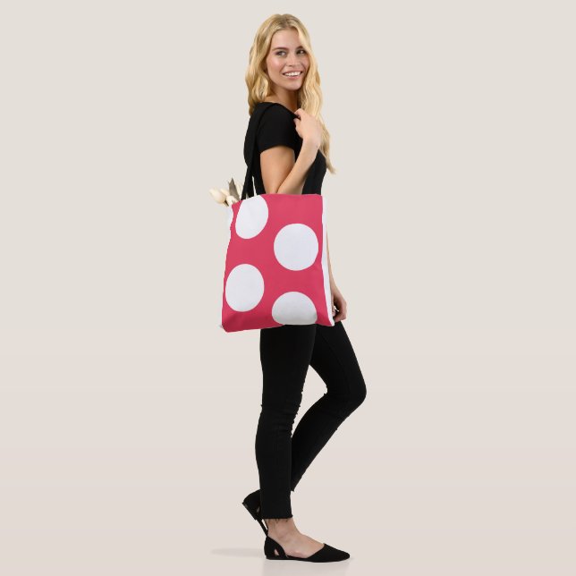 Red Background with White Circles.  Polka Dot  Tote Bag (On Model)