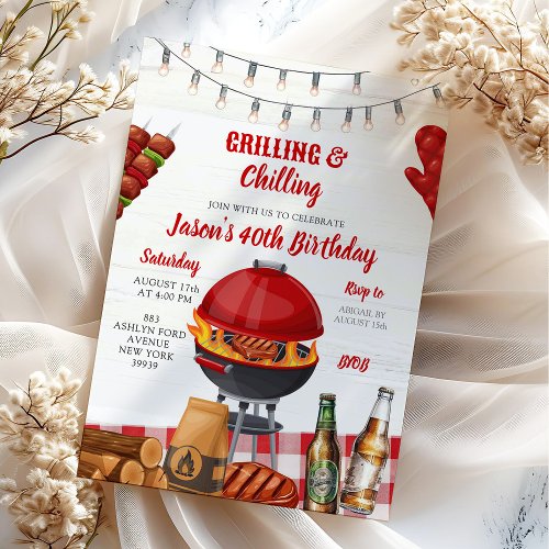 Red Backyard Barbecue Chilling Grilling Birthday Invitation