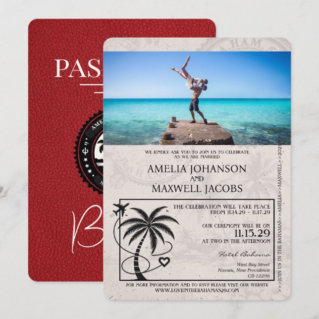Red Bahamas Passport Wedding Invitation (Front/Back)