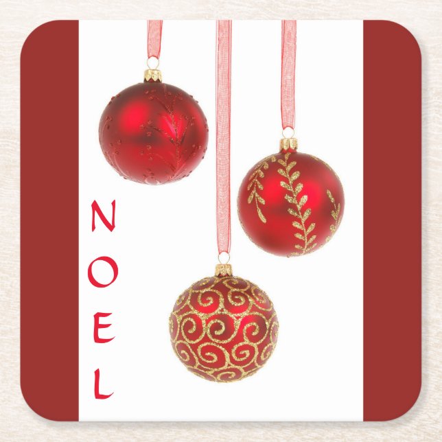 Red Ball Christmas Ornaments Square Paper Coaster (Front)