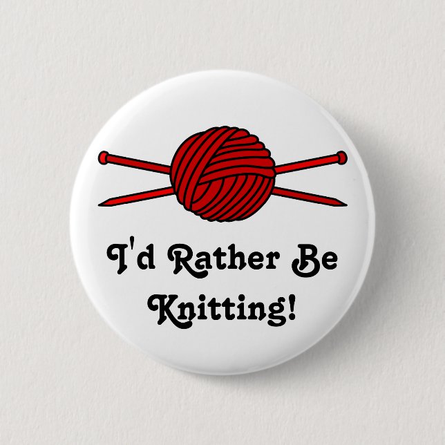 Red Ball of Yarn & Knitting Needles Pinback Button (Front)