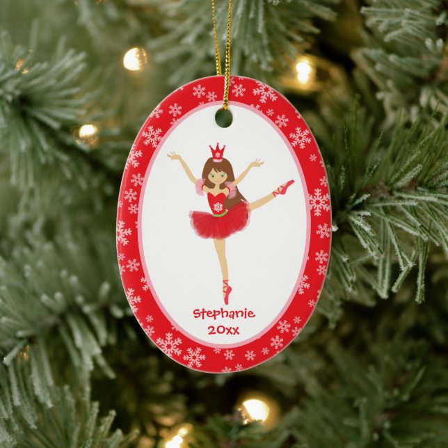 Red Ballerina Girl Personalized Christmas Ceramic Ornament (Tree)