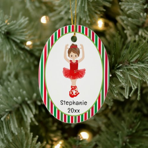 Red Ballerina Stripes Personalized Christmas Ceramic Ornament