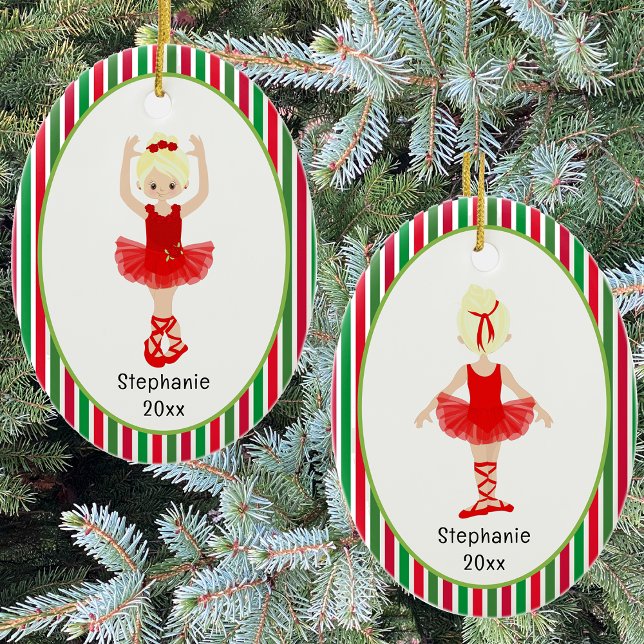 Red Ballerina Stripes Personalized Christmas Ceramic Ornament (Red Ballerina Stripes Personalized Christmas Ceramic Ornament)