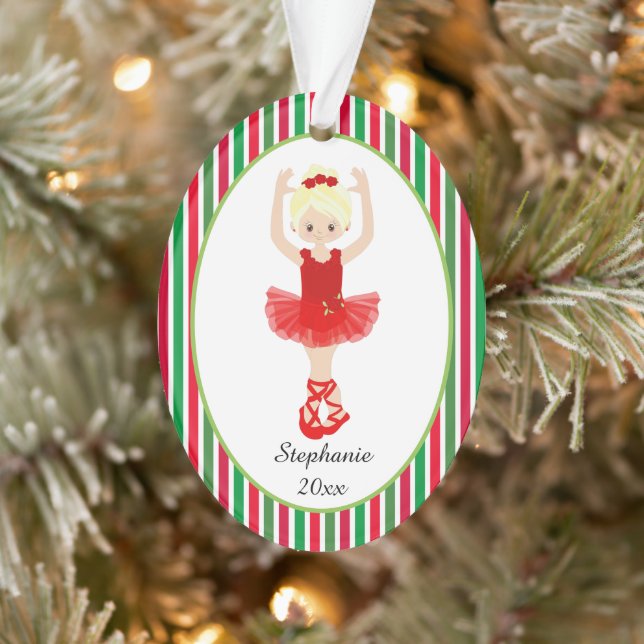 Red Ballerina Stripes Personalized Christmas Ornament (Tree)