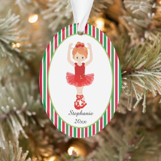 Red Ballerina Stripes Personalized Christmas Ornament (Tree)