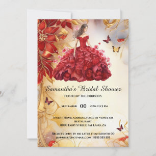 Red ballgown floral flower bride to be bridal invitation