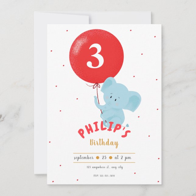 Red Balloon And Animal Illustrative Kids Birthday Invitation (Front)