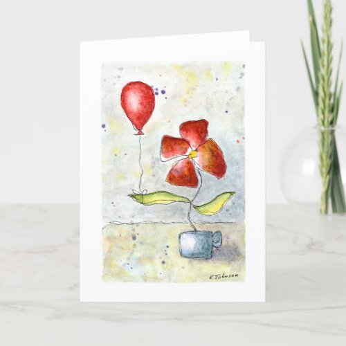 Red Balloon and Flower Watercolor Greeting Card