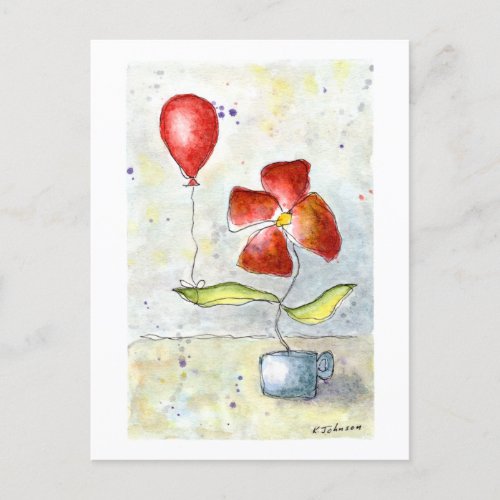 Red Balloon and Flower Watercolor Postcard