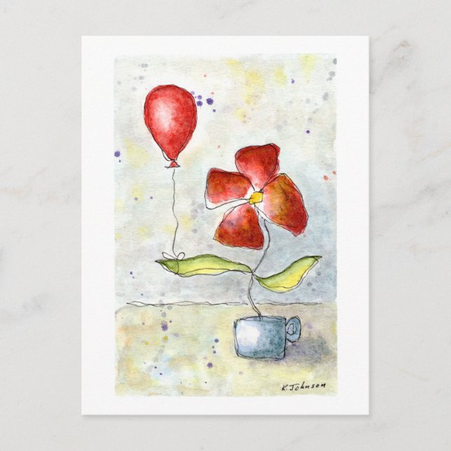 Red Balloon and Flower Watercolor Postcard (Front)