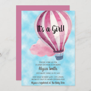 Red Balloon Blue Sky Baby Girl Baby Shower Invitation