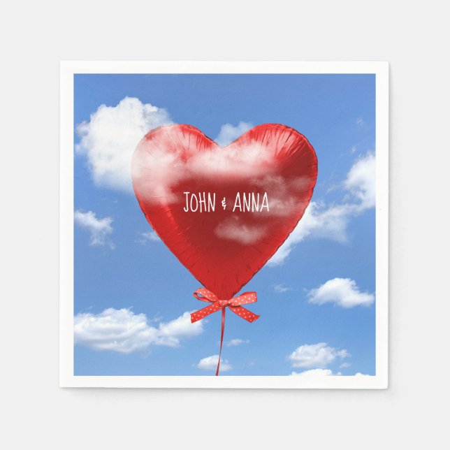 red balloon heart in clouds for anniversary napkins (Front)