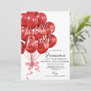 Red Balloon Script Modern Birthday Party Invitation