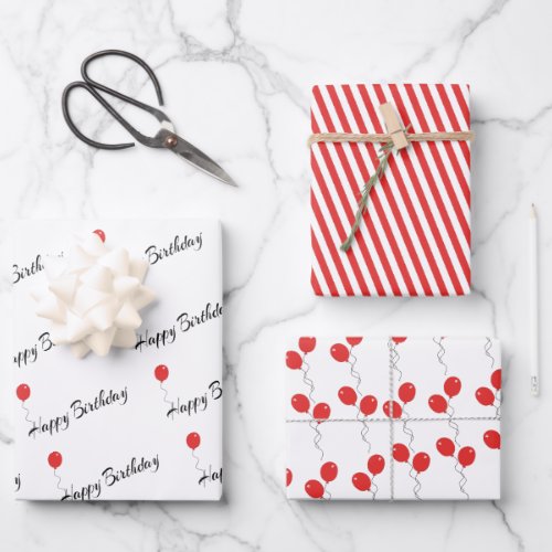 Red Balloon  Stripe Happy Birthday Wrapping Paper Sheets