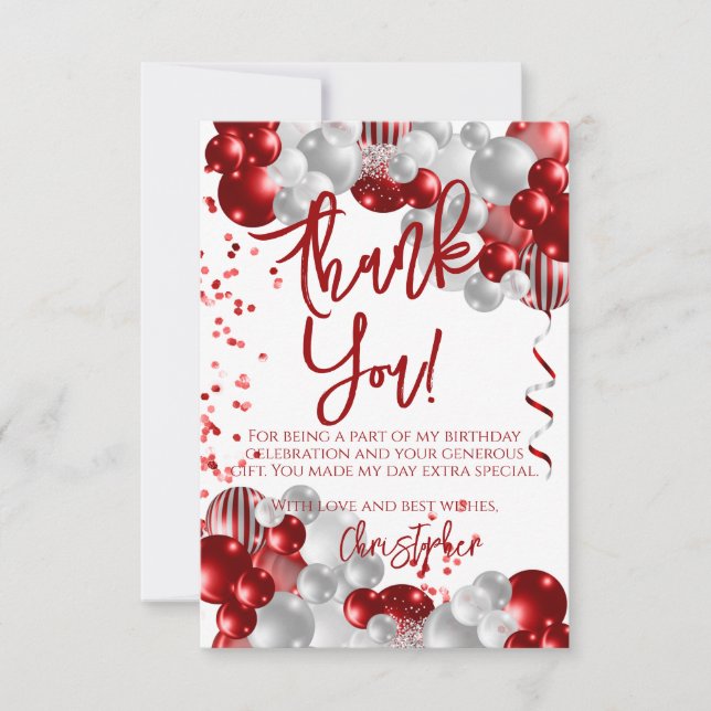 Red Balloons Birthday Thank You Card (Front)