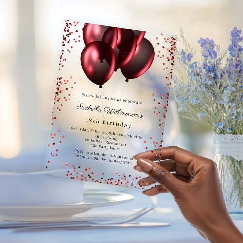 Red balloons clear luxury birthday  acrylic invitations