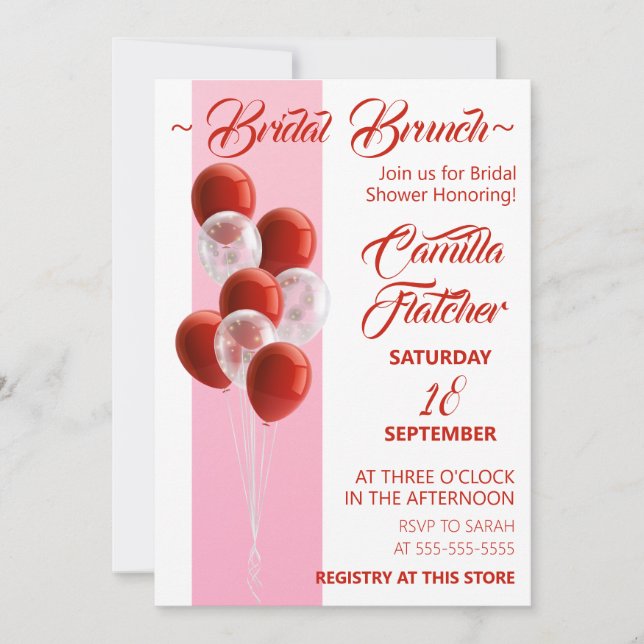 Red Balloons. Elegant Bridal Brunch card  (Front)