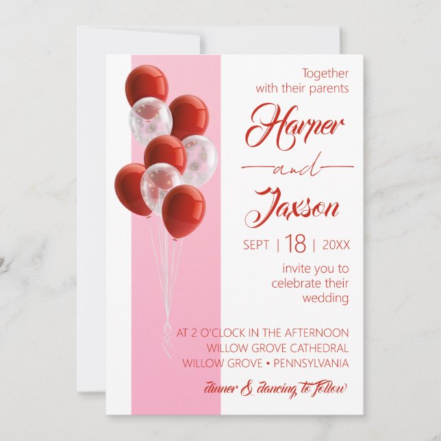 Red Balloons. Elegant wedding card  (Front)