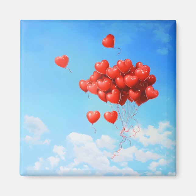 Red balloons in the shape of a heart flying to the magnet (Front)