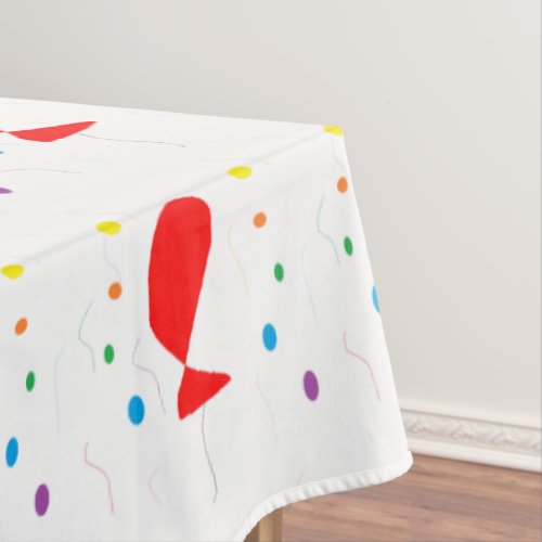 Red balloons with colorful confetti pattern tablecloth