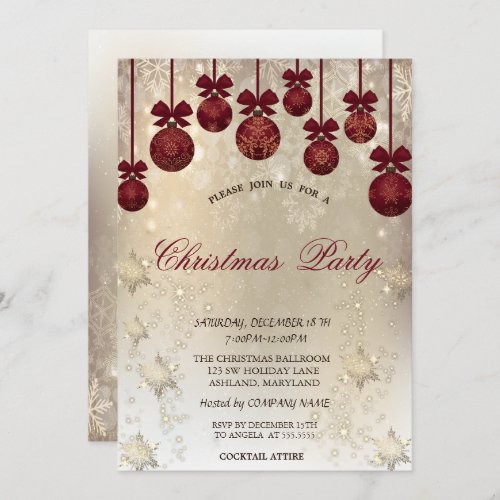 Red BallsBow Snowflakes Gold Christmas Invitation