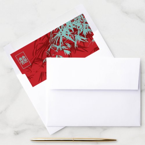 Red Bamboo Leaves Double Happiness Chinese Wedding Envelope Liner