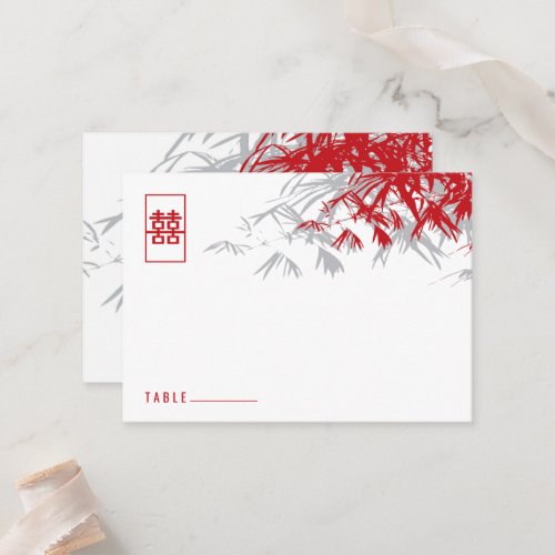 Red Bamboo Leaves Double Happiness Chinese Wedding Place Card
