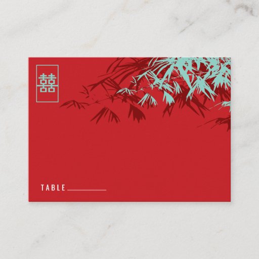 Customizable Bamboo Leaves + Double Xi Red Turquoise Place Card Business Card