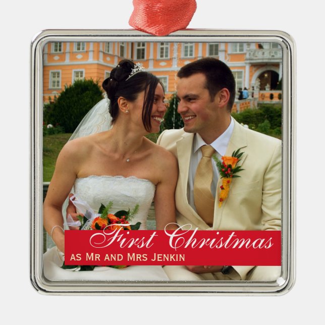Red band couple first Christmas square photo Metal Ornament (Front)