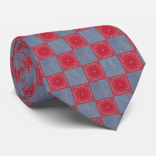 Red Bandana and Denim Block Print Neck Tie