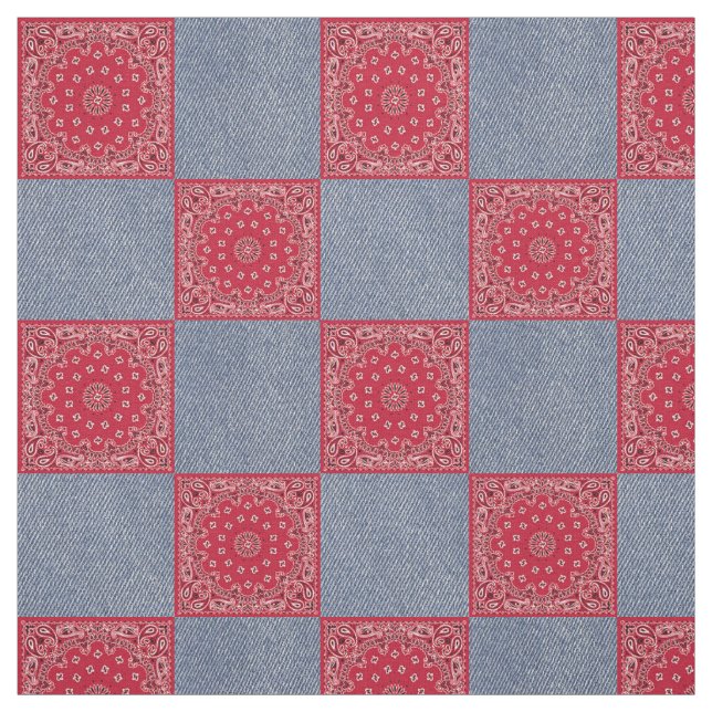 Red Bandana And Denim Print Fabric (Swatch)