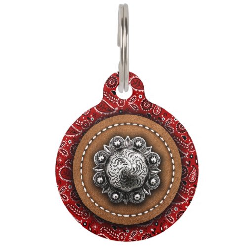Red Bandana and Stitched Leather with Concho  Pet ID Tag