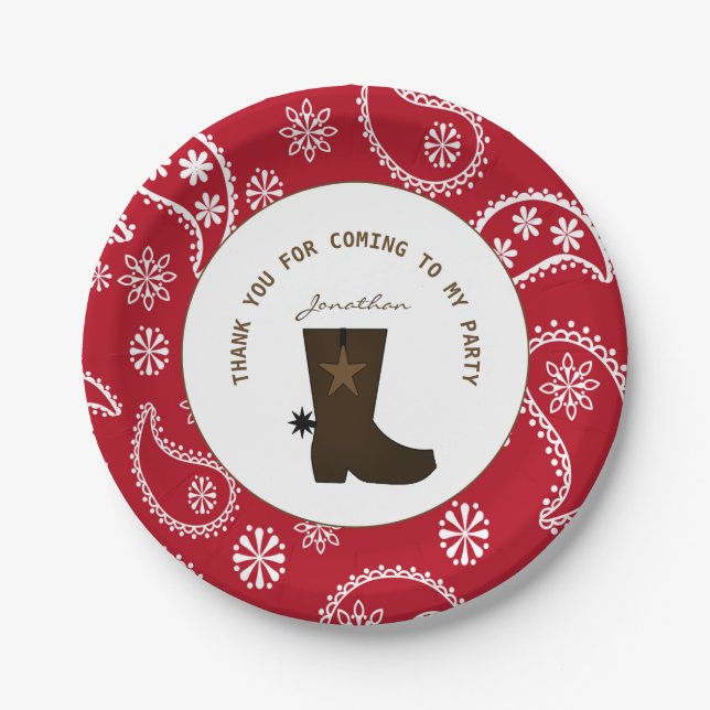     Red Bandana Cowboy Boot Personalized Birthday  Paper Plates (Front)