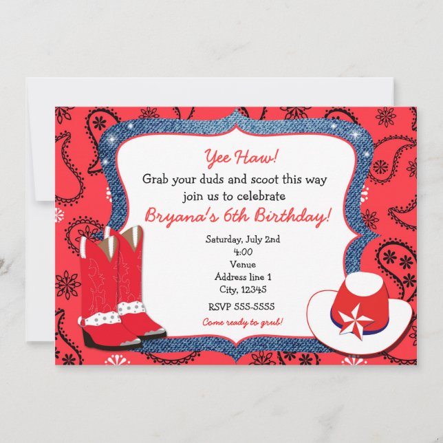 Red Bandana & Denim Western Cowgirl Invitation (Front)