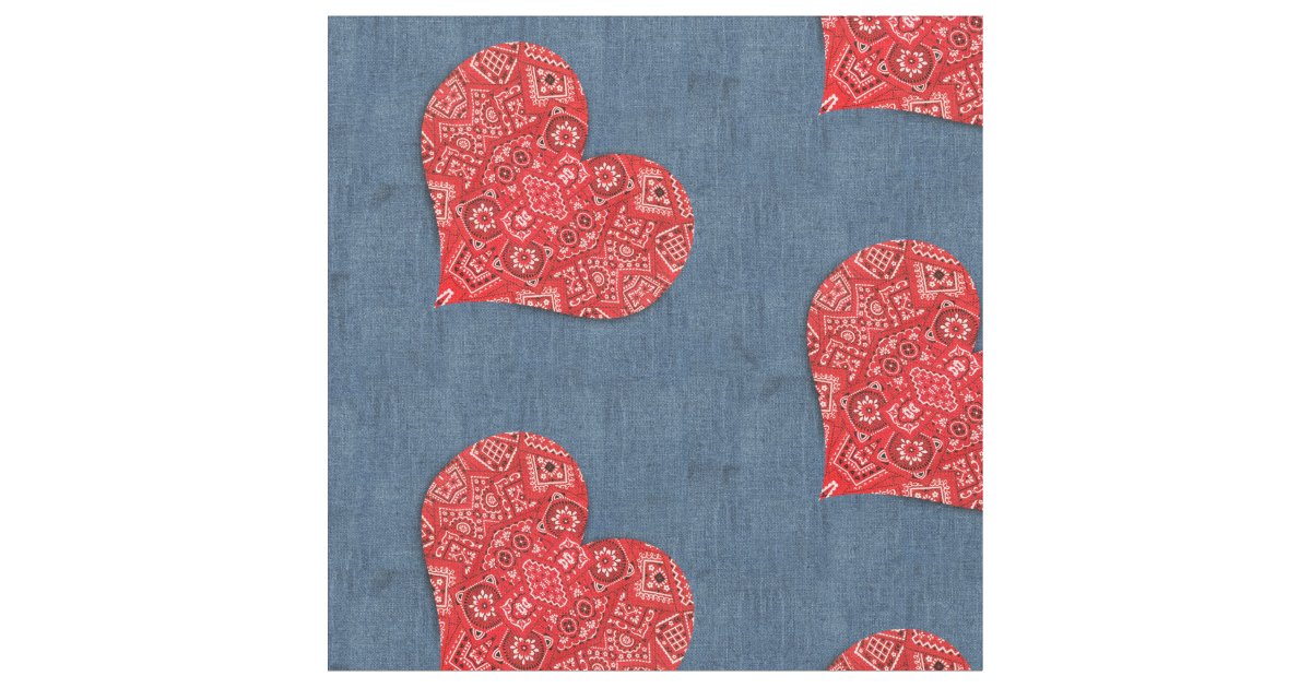 Red Bandana Heart Denim Combo Fabric Zazzle