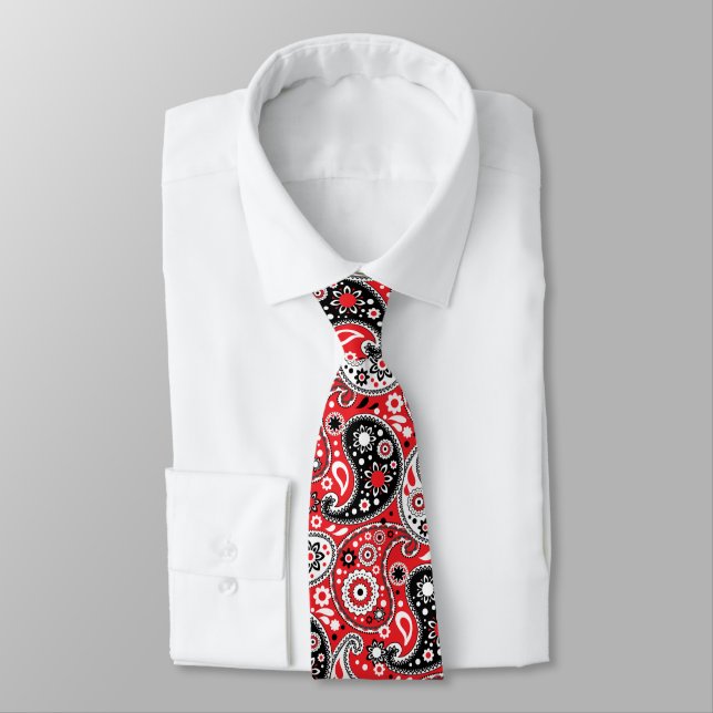 Red Bandana Paisley Elegant Country Western Neck Tie (Tied)