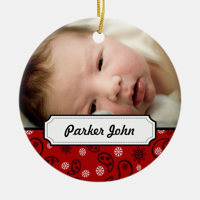 Red Bandana Paisley Photo Christmas Tree Ornament (Front)