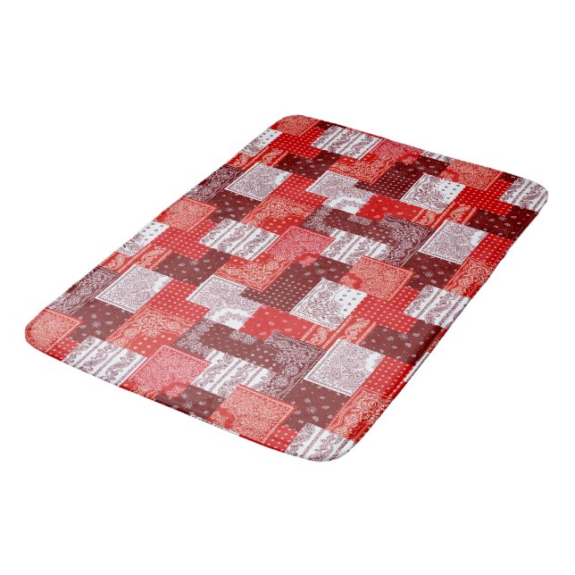 Red Bandana Patchwork Paisley Sewing Pattern Bath Mat (Angled)