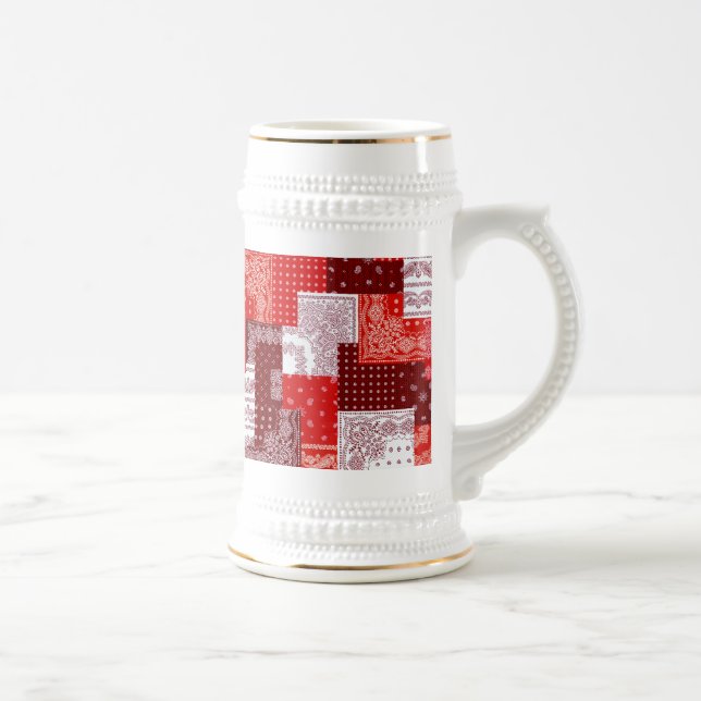 Red Bandana Patchwork Paisley Sewing Pattern Beer Stein (Right)