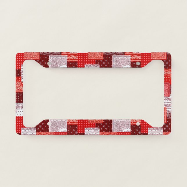 Red Bandana Patchwork Paisley Sewing Pattern License Plate Frame (Front)